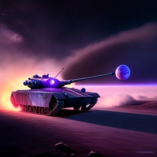 Ralph mcquarrie painting of a Futuristic armored tank rolling over a crater, purple sky, 4k, highly detailed, minutiae, trail, boulders, meteor