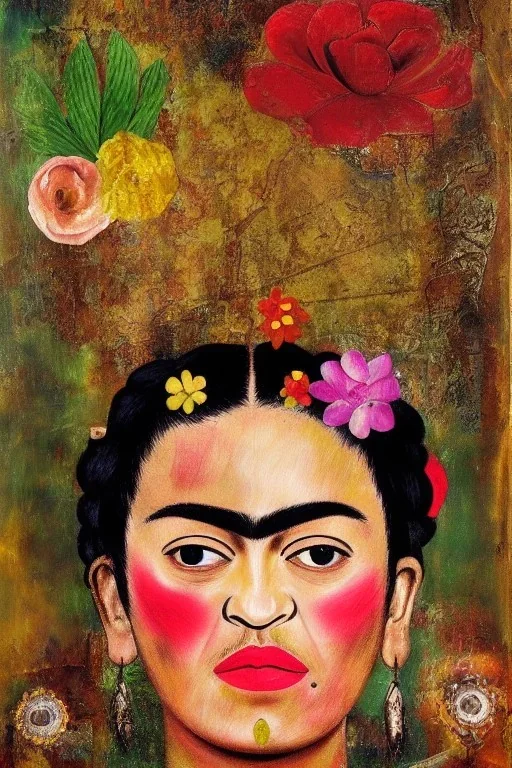 Frida Kahlo , an abstract painting of rusted metal and flowers, afro portrait, rust, scaffolding, iron cladding, decay, mixed media, textured, anatomically correct, beautiful perfect face, sharp focus, highly detailed