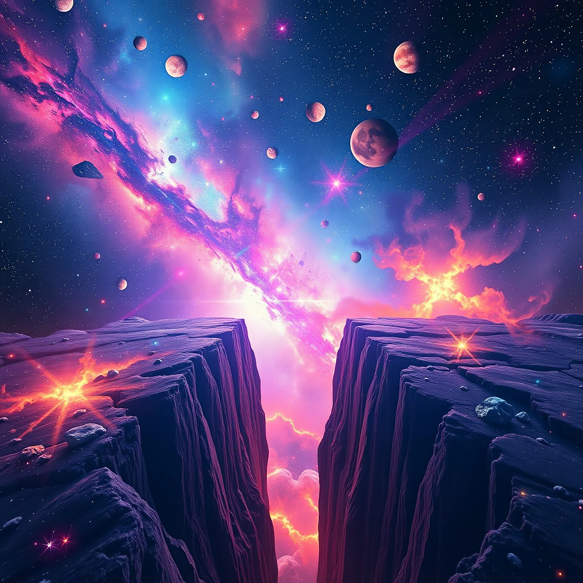 Unimaginable world, space, bright colors, stars, nebulae, colorful, unimaginable, science fiction, views of space, abstraction, rift of worlds, gaps, asteroids