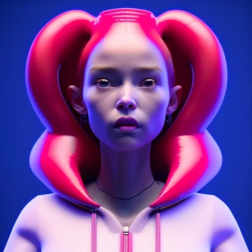 Spanish woman, rounded face, purpurin made up, red, blue, pink, inflatable sweatshirt, feathers, latex, leather, soft color, highly detailed, art stations, concept art, smooth, unreal engine 5, god rays, ray tracing, RTX, lumen lighting, ultra detail, volumetric lighting, 3d, finely drawn, high definition, high resolution, neon background.