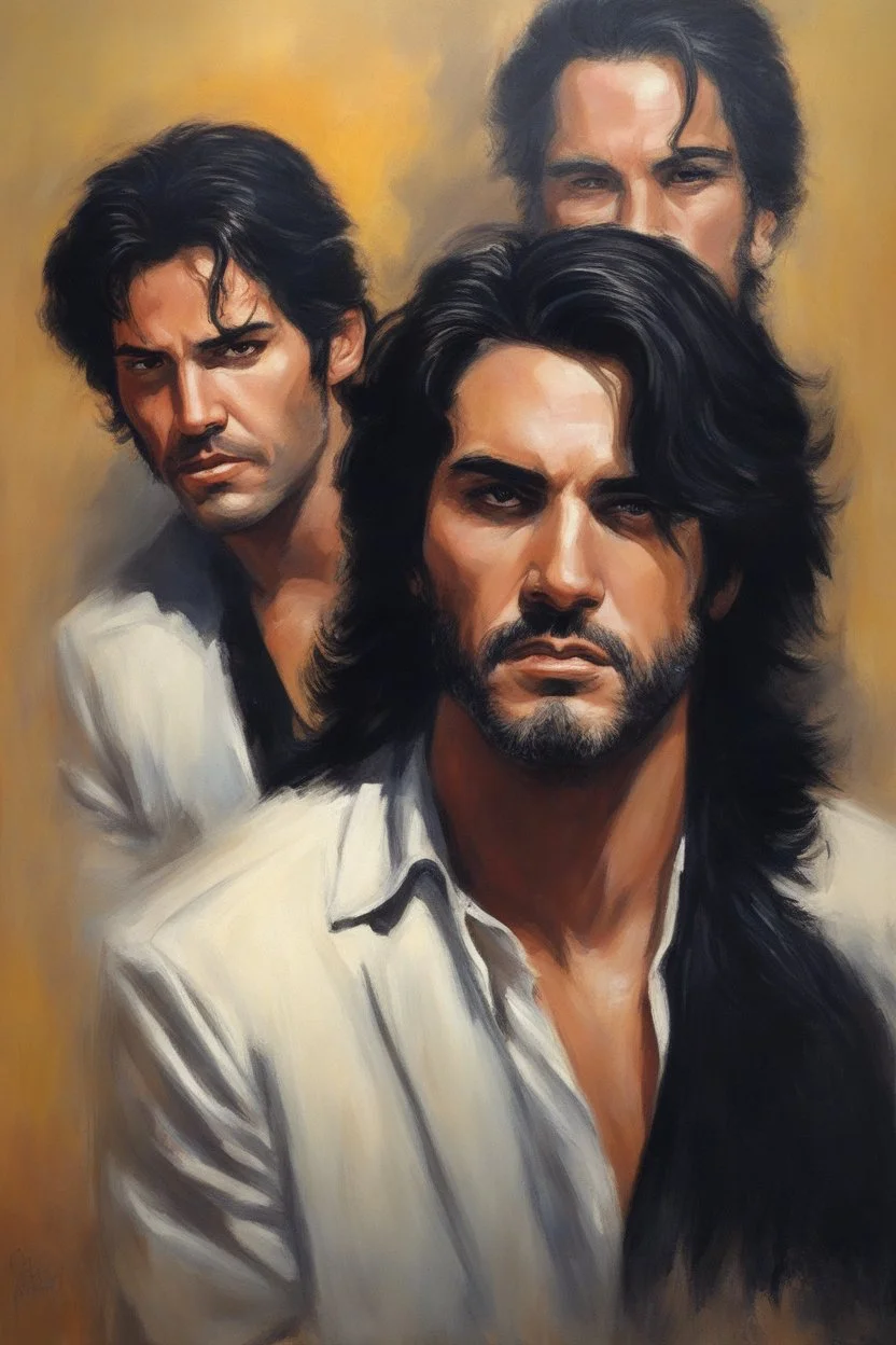 Paul Stanley/Elvis Presley/Keanu Reeves/Jon Bernthal, oil painting by Frank Frazetta, 4k UHD, Photorealistic, professional quality