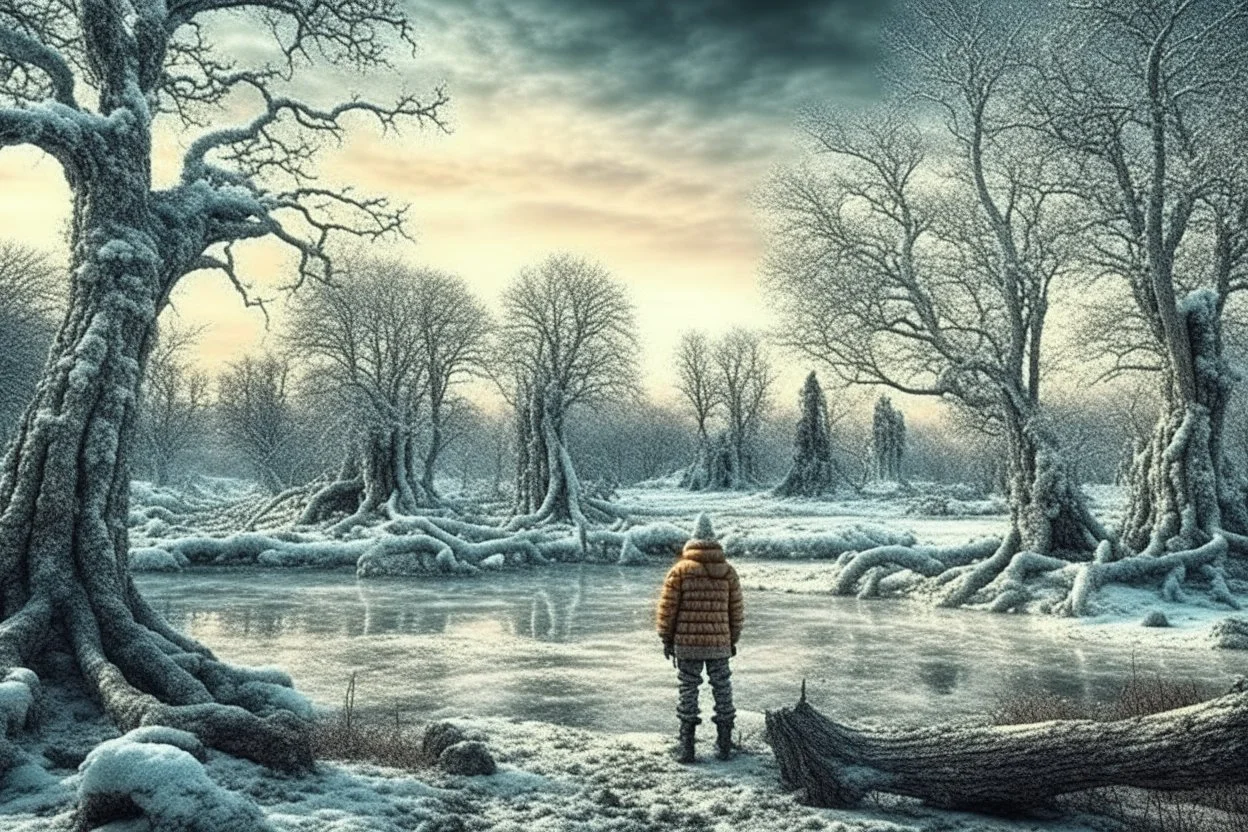 ice, winter, dry trees, person, pond, sci-fi, epic