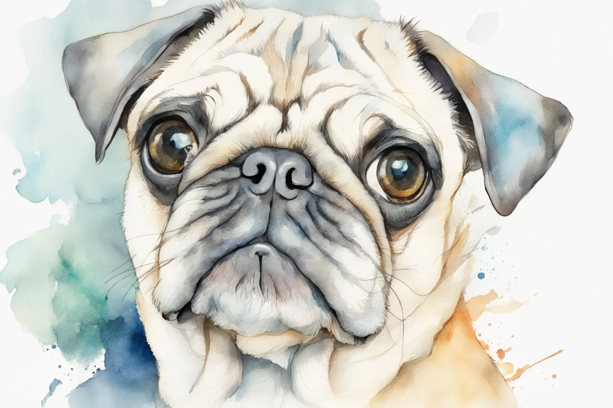 Pug sketch portrait watercolor, white background, vibrancy of watercolor wash, highly detailed, with sharp focus and smooth transitions. Carne Griffiths, Wadim Kashim, Carl Larsson, Pascal Blanche, golden ratio, masterpiece, trend on CGSociety and Artstation, bottomless, impressive, something that does not even exist, textures, iridescent scales and luminescent, impressive beauty, pure perfection, divine presence, unforgettable beauty, impressive, impressive, volumetric light,
