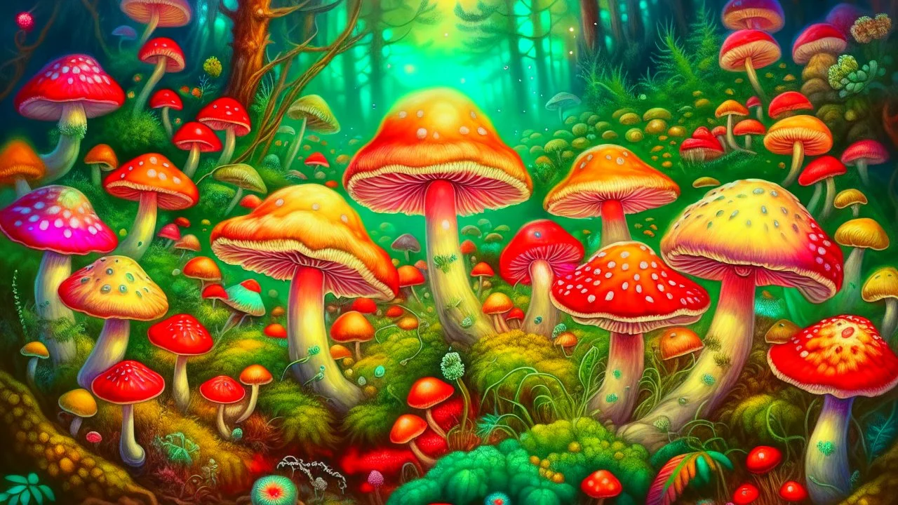 An Artistic And Detailed Painting Of A Forest Of Mushrooms Background