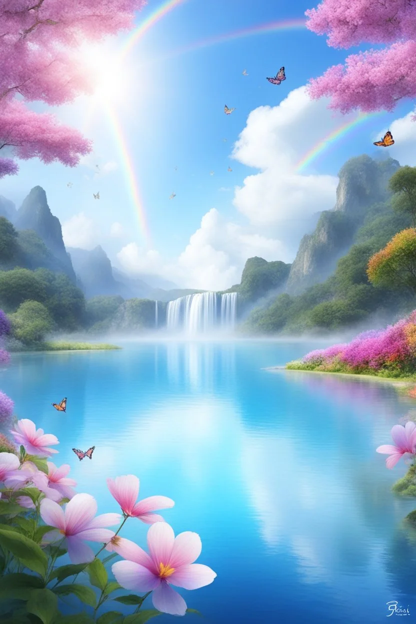 fantastic,Beautiful garden, flowers,rainbows, cascades arc en ciel, papillons colorés