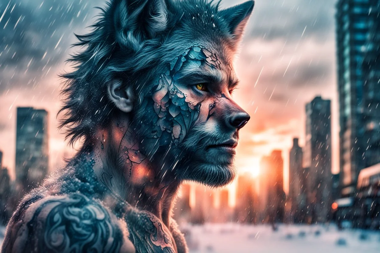 double exposure, Wolf Man, man, city, sunset, snow, rain, fantasy, mystical, tattoo, vertical pupils, high detail, high resolution, 8K