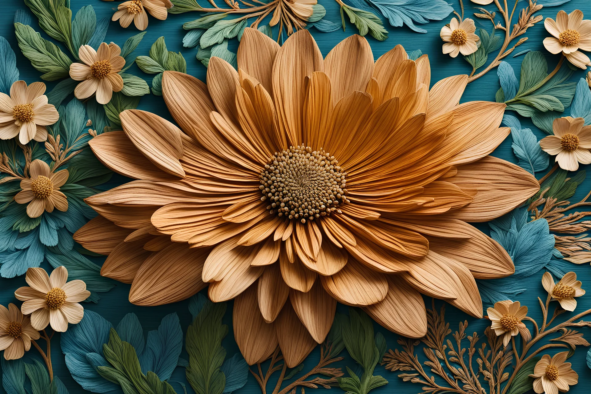 A lifelike thick woodgrain flower blooms amidst a serene ocean meadow, its intricately woven petals and stem radiating realism and rich detail.