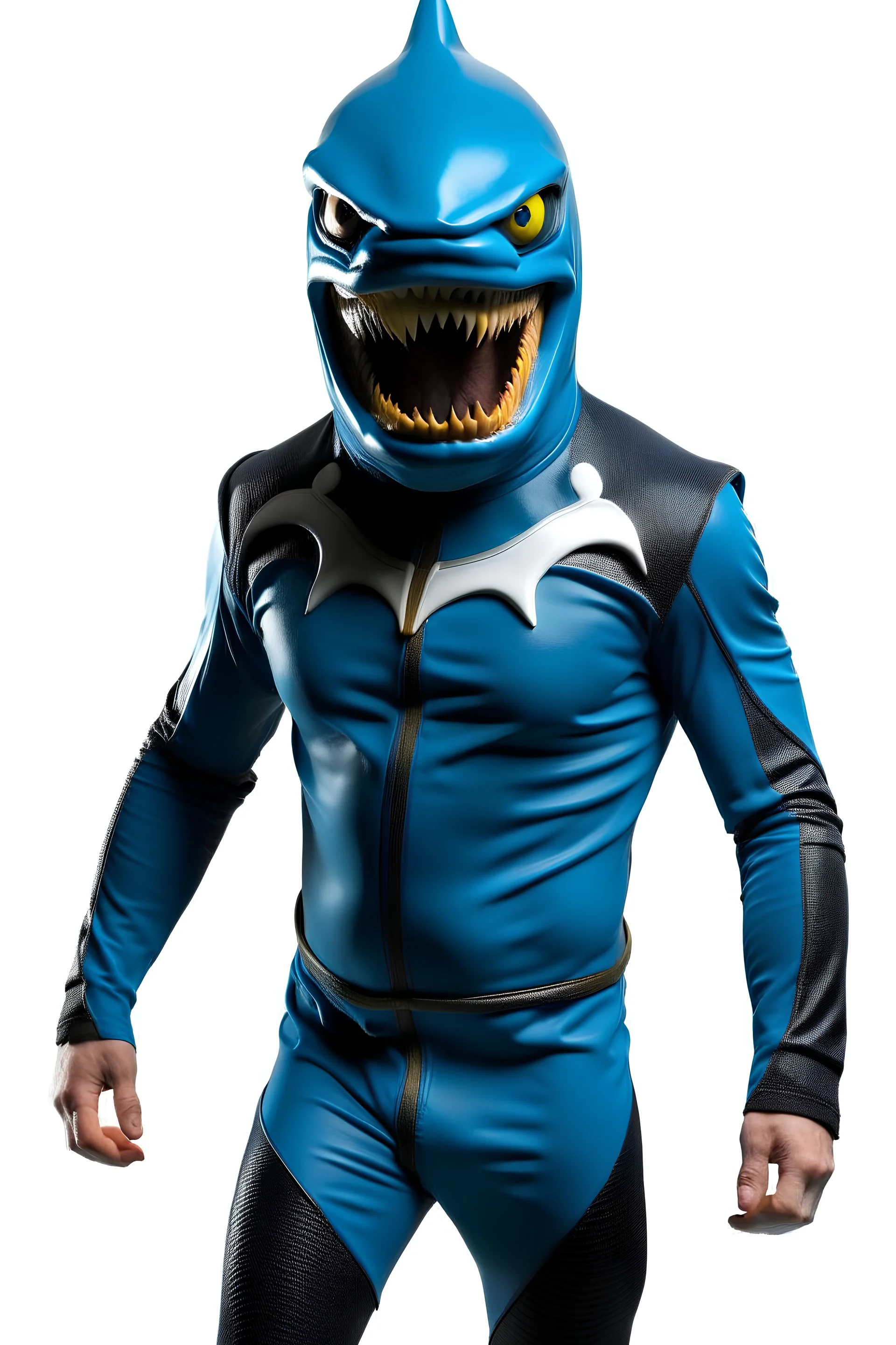 Surfsharks superhero costume combines a black, form-fitting bodysuit with a deep ocean-blue wetsuit-style jacket, featuring shark fin-like shoulder embellishments. White shark tooth designs adorn the arms and legs. His cowl resembles a shark's head, with a dark visor revealing his piercing brown eyes, there is a shark fin ontop of his helmet and on his back. The chest emblem is a stylized shark with dorsal fins reminiscent of Batman's bat symbol