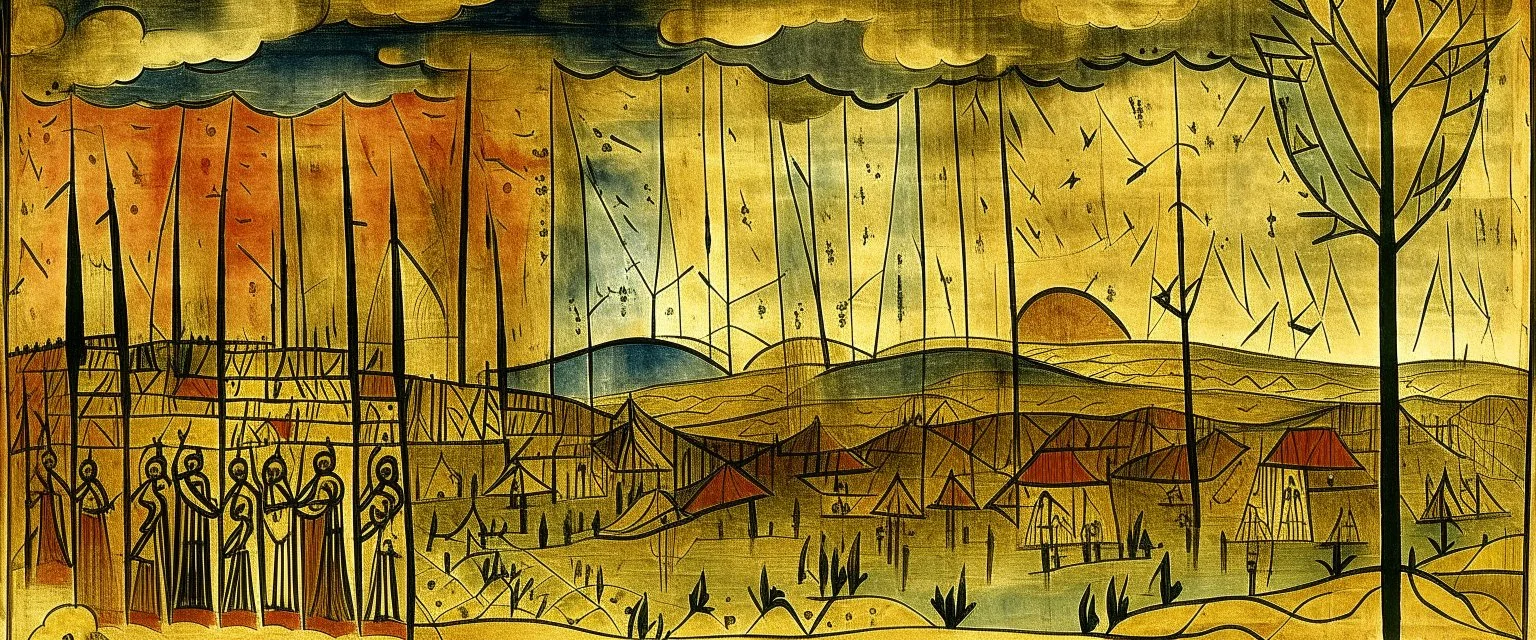An ivory thunderstorm sky with lightning designed in Bayeux tapestry painted by Paul Klee