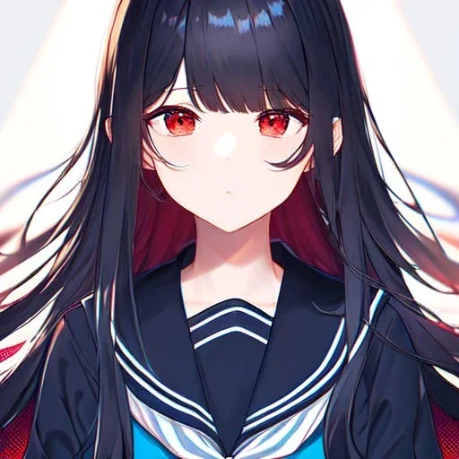 Clear focus, High resolution, long black fluffy hair, red eyes, chopped bangs, wearing a sailor uniform, wearing a sailor skirt, colorful, hollywood, female, no outlines, extreme close up