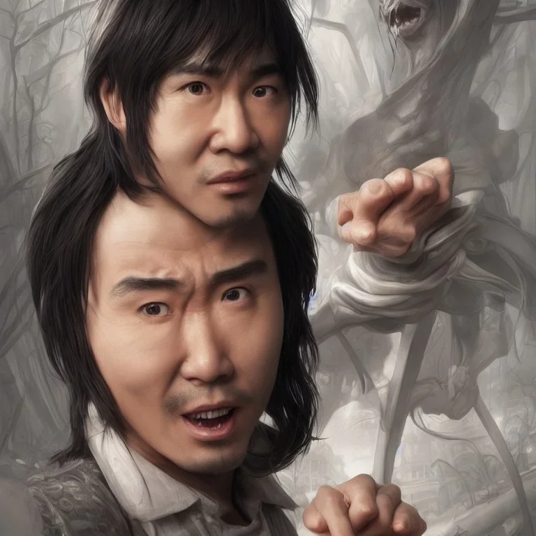 Insanely detailed portrait character of stephen chow:: perfect proportions :: flawless perfect hands :: by Artgerm, Greg Olsen, Pixar, WLOP :: hyperrealistic, hyper detailed, photorealistic :: a masterpiece, incredible composition, amazing depth, imposing, meticulously composed, 8k :: unreal engine :: Mappa studios :: detailed matte painting, deep color, fantastical, intricate detail, splash screen, complementary colors, fantasy concept art, 8k resolution trending on Artstation Unreal Engine