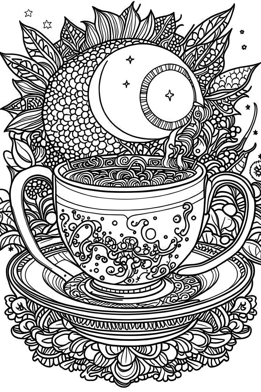 Outline art for coloring page, AVANT GARDE DRAWING TEACUP SET ON THE MOON, coloring page, white background, Sketch style, only use outline, clean line art, white background, no shadows, no shading, no color, clear