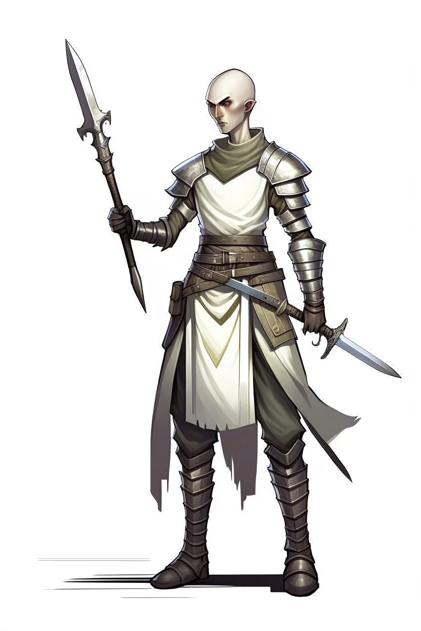 full length, tall 22-year old, shaved head, grey-eyed female cleric with wearing scale mail with a sickle