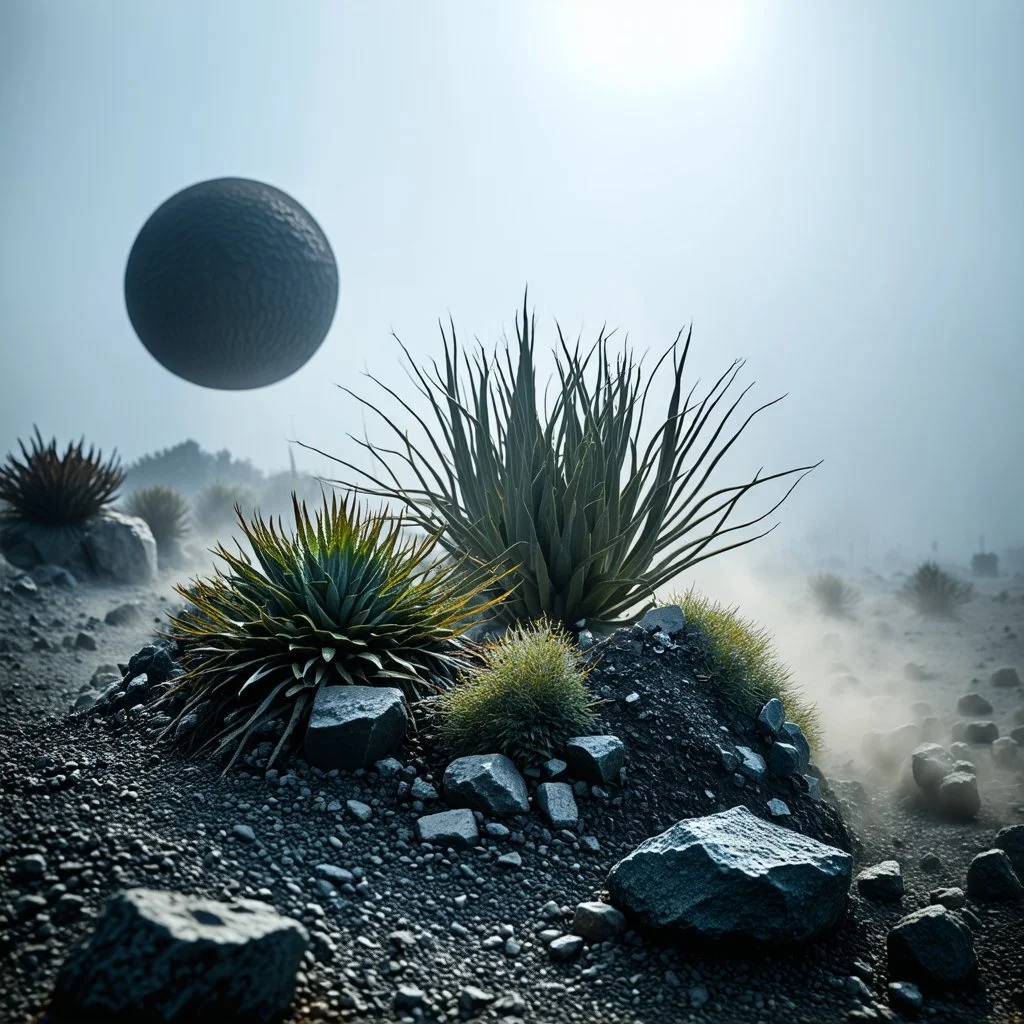 A striking quality photograph captures a wasteland with plants, creepy, details of the dust very accentuated, glossy organic mass, adorned with minerals and rocks. Bathed in intense light, eerie, Max Ernst and Yves Tanguy style, black sun, fog, volumetric light, octane render