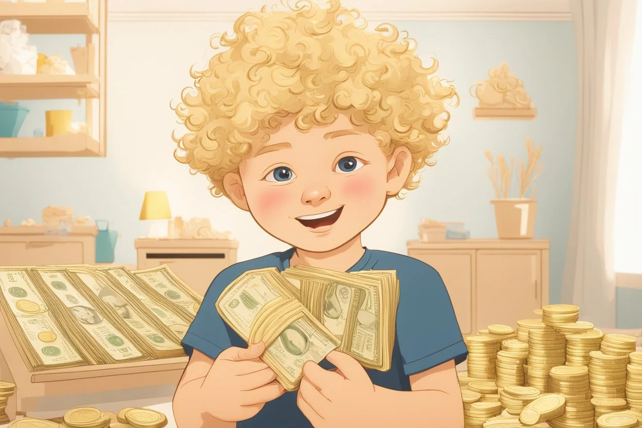 a curly-haired blond boy counts money and stacks gold coins in a modern nursery, in sunshine