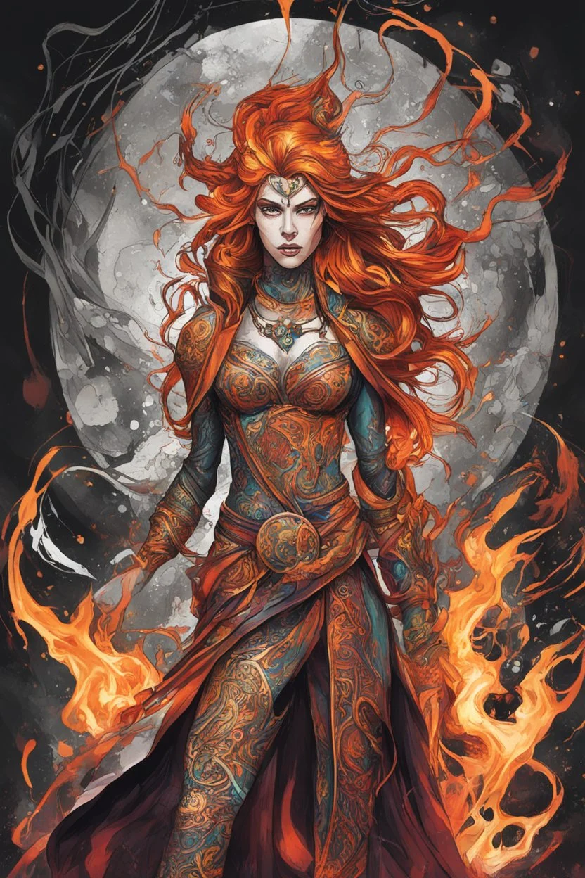 create an abstract expressionist full body illustration of a darkly magical,Viking female sorceress with highly detailed and deeply cut facial features, searing lines and forceful strokes, precisely drawn, boldly inked, with rich striking autumnal colors