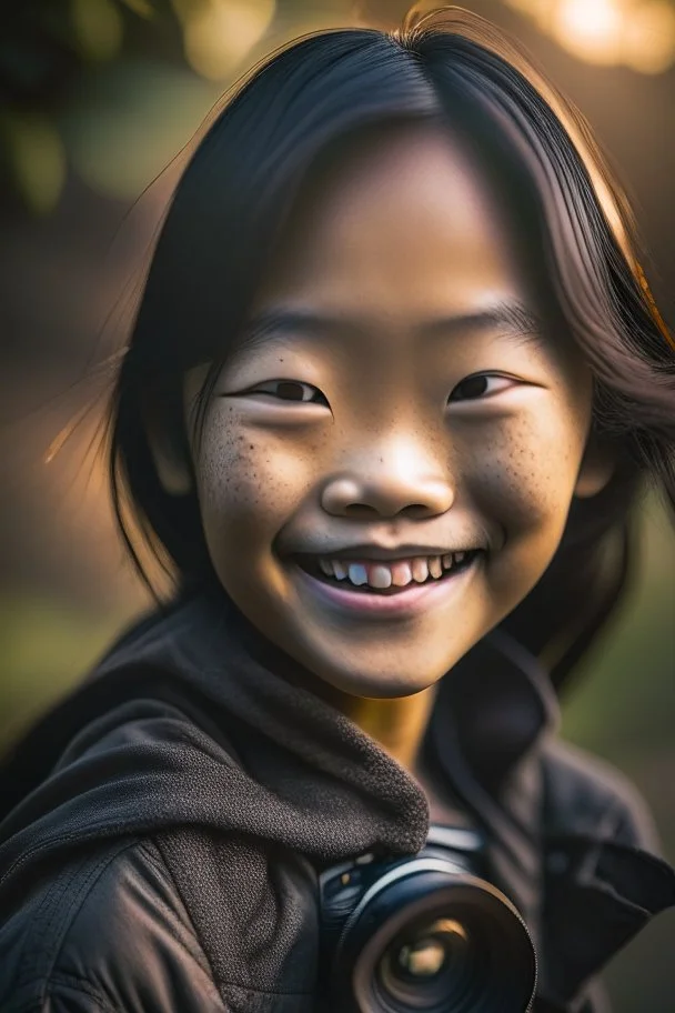 portrait of an asian girl 11 years old, smiling, outdoors, dslr camera, cinematic photography, epic angle, dark colour tone, hyper-realistic