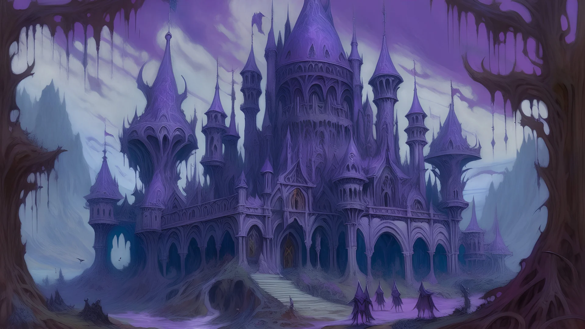 A giant purple evil looking castle with undead creatures painted by Claude Monet