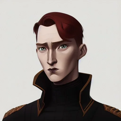 general hux 3/4 view, wearing a black First Order uniform, serious, imposing figure, thick eyebrows, digital art, wearing a black First Order uniform, green eyes, gray background, sepia filter, light coming from the side