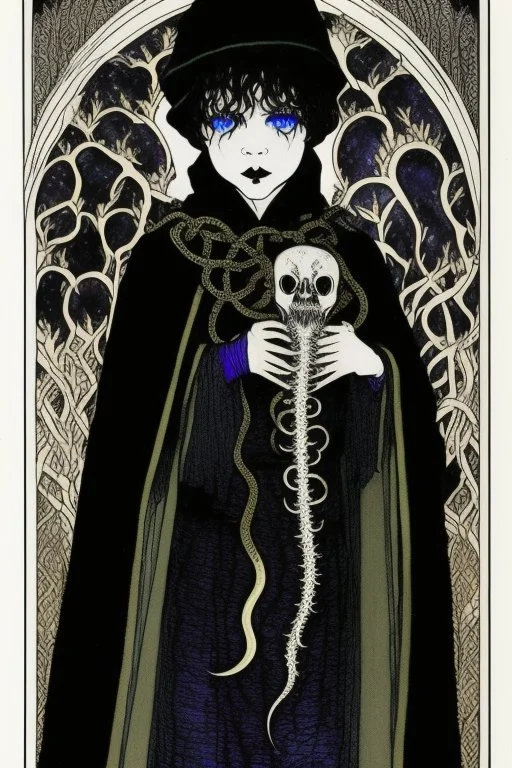 7 year old boy, necromancer, friendly, looks dead,with a lamprey serpent , wearing black robes, in the style of Harry Clarke