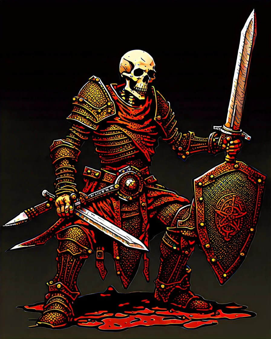 tabletop RPG skeleton warrior with sword and shield and rusted chainmail rpg art no background