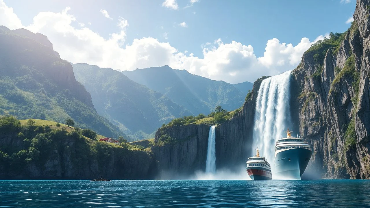 a picturesque natural landscape that includes majestic mountains and a serene countryside. Additionally, incorporate details about a stunning, large waterfall that enhances the beauty of the scene. The output should be structured as a narrative, painting a clear image with rich, descriptive language that evokes the sights and sounds of this beautiful environment water fall falls to a big sea with modern ship in it.a fullbody lady inOne Piece - Athletic Swimsuit,and diving cap