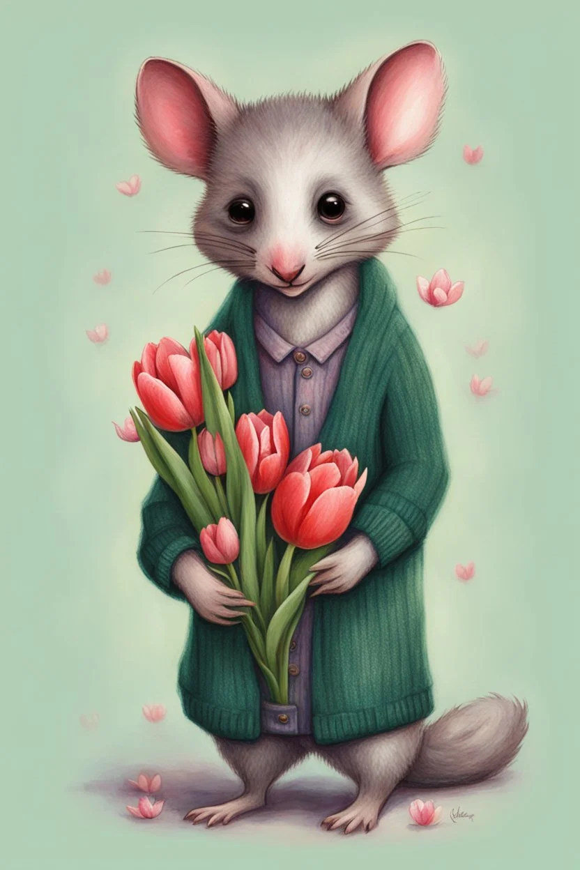 Green possum wearing cardigan holding a bouquet of tulips cute art