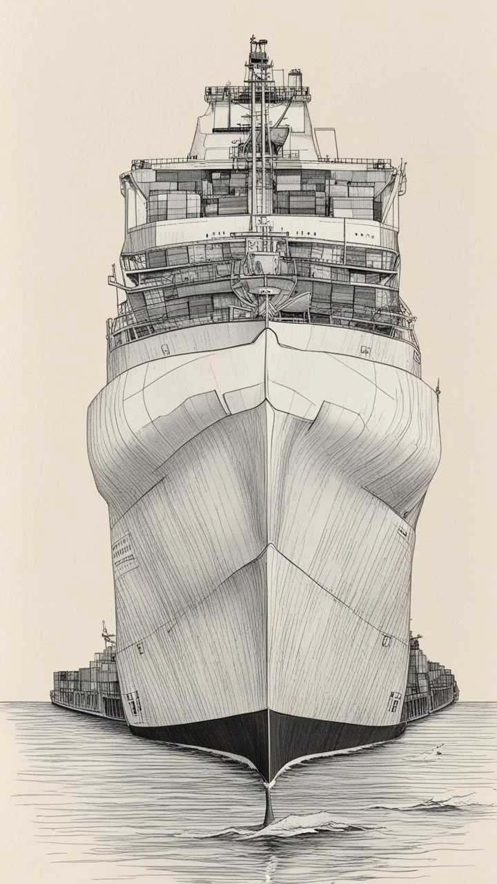 A drawing of a container ship that looks like a big beluga whale