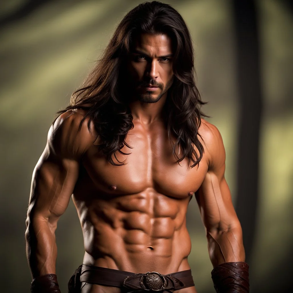 Handsome and muscular 30 year old shirtless mountain man long dark hair, goatee beard, dark fantasy, blank background