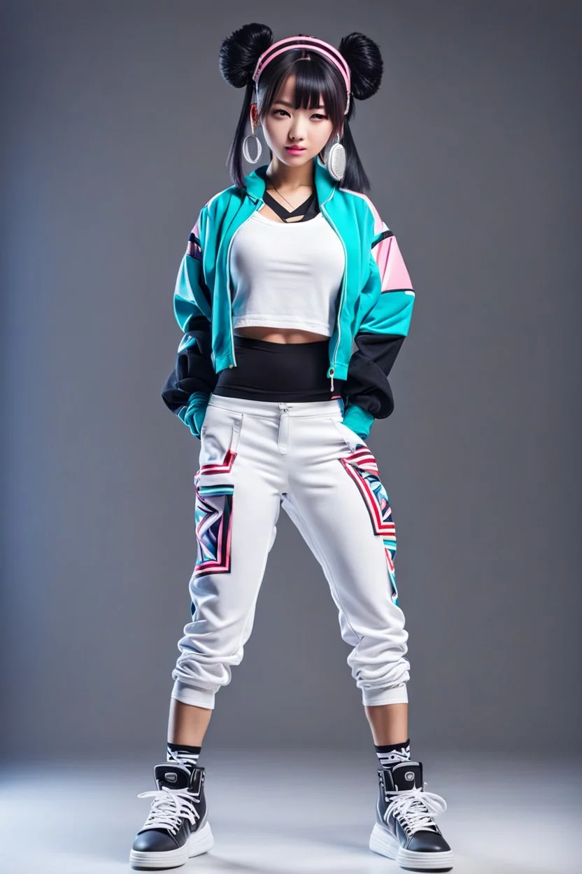 a cute full body shot of anime adult lady wearing hip hop dance clothes standing