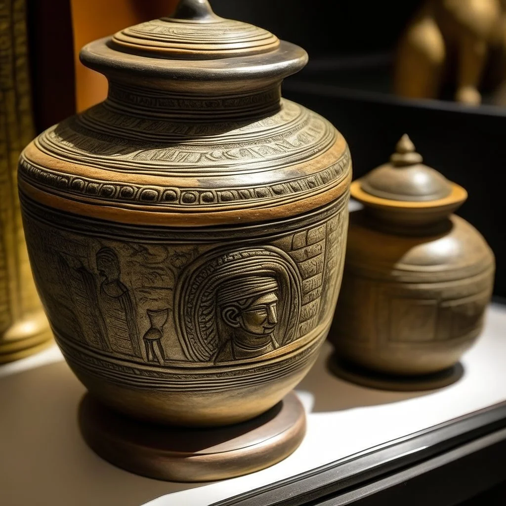 جرة منقشة بنقشات فرعونية واعلاها صحن منقش