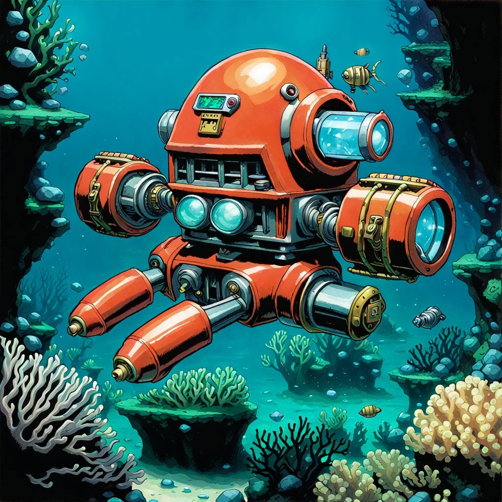 90's fantasy tcg art of coral diving robot in crystal deep waters