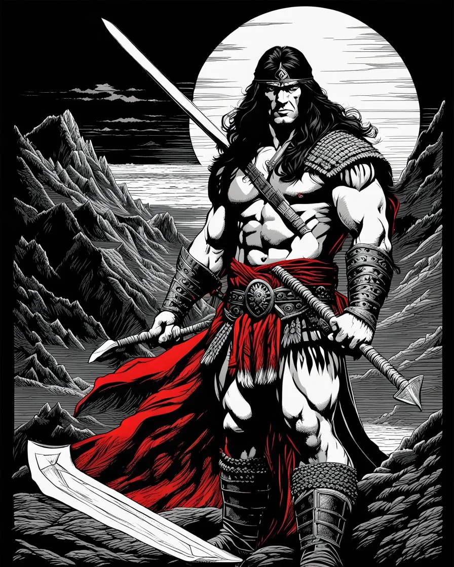 Art illustration lineal art Conan el Bárbaro, calidad ultra, hiperdetallado, 12k, fondo negro, color blanco, rojo, negro y marrón