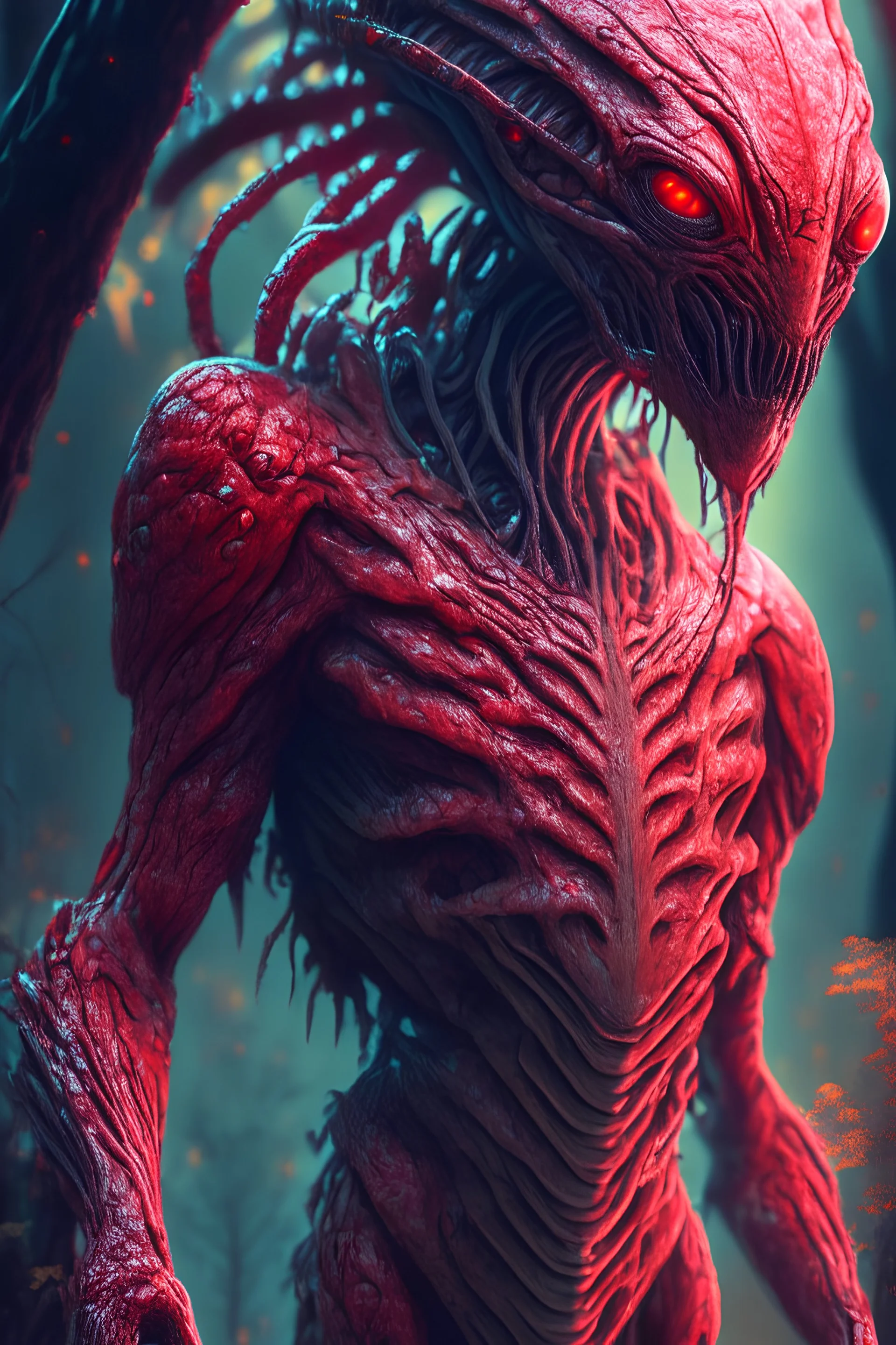 large bipedal alien with red, moist and translucent skin, intricate, Exquisite details and textures, highly detailed, digital painting, artstation, concept art, sharp focus, nature background, illustration, 8k,