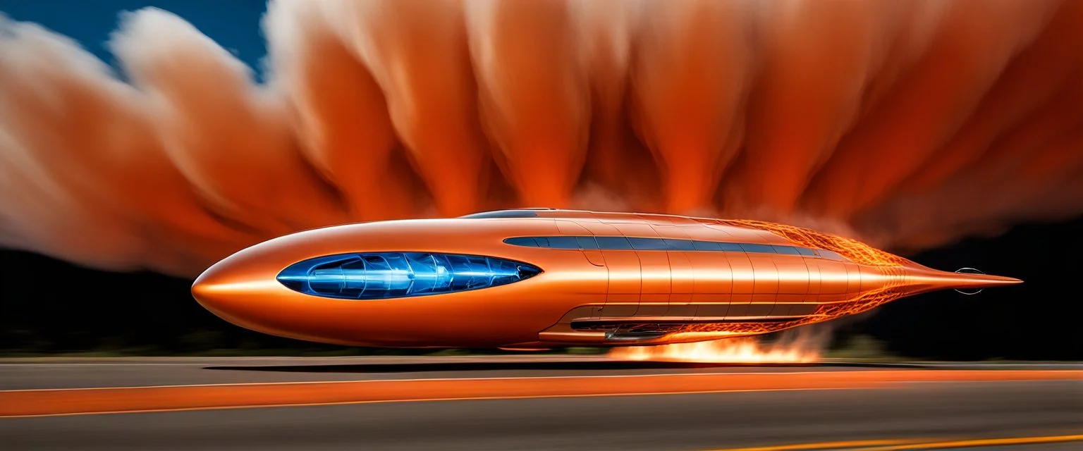 award winning car and driver photograph of a futuristic station wagon dirigible hybrid designed by only one vehicle per image painted metallic orange traveling at a high rate of speed, jet intake off of front center of vehicle and jet exhaust out the rear with bright blue flame, bilaterally symetrical, more a high speed road vehicle