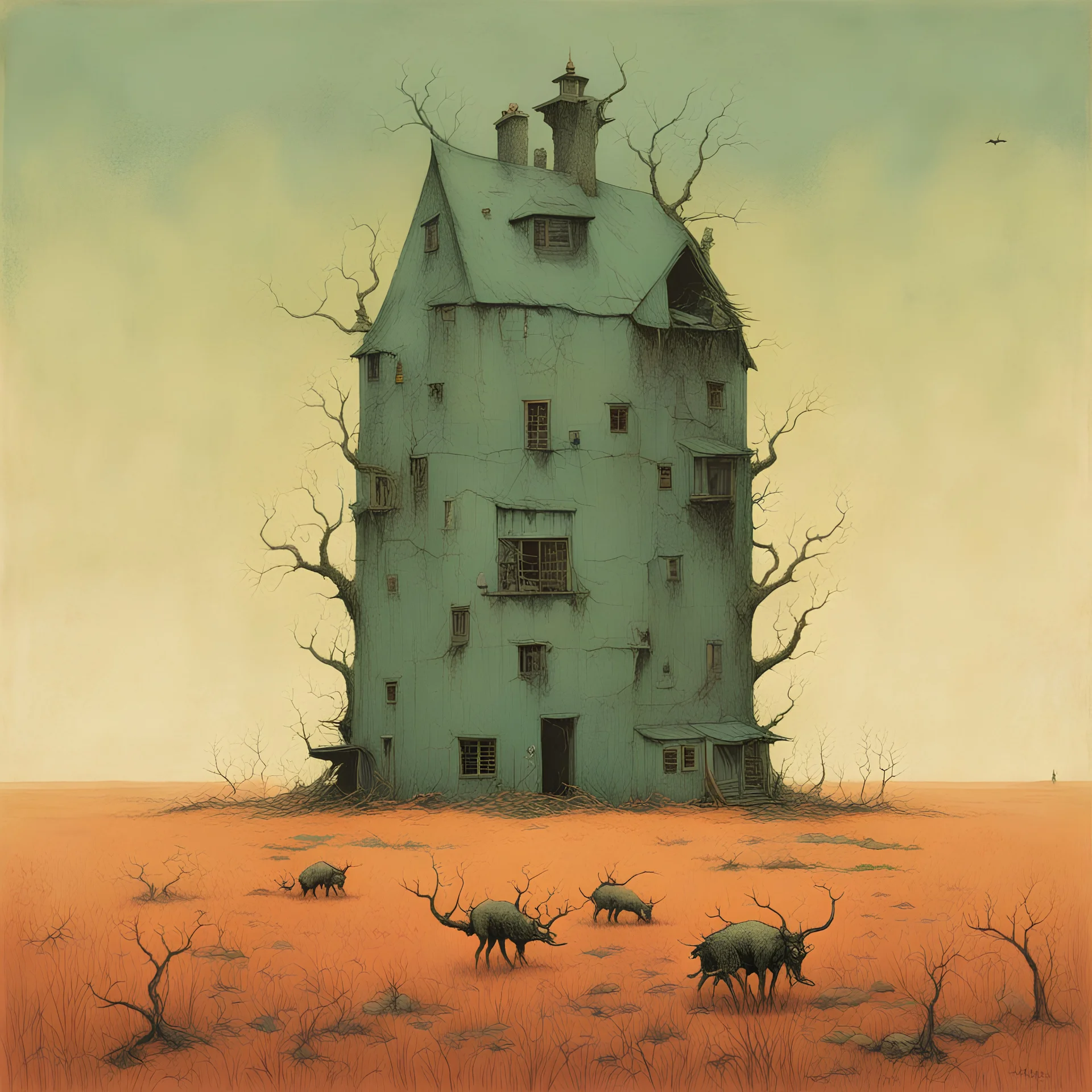 Domestic blister, malaprops, by ALESSANDRO GOTTARDO and Zdzislaw Beksinski, strange album cover art, sharp colors, eerie, mysterious