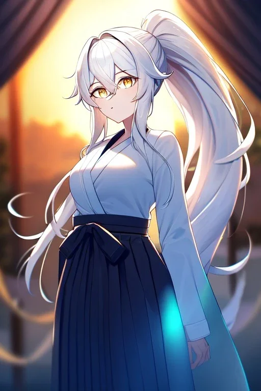 girl, masterpiece, best quality, cinematic lighting, detailed outfit, vibrant colors, perfect eyes, golden eyes, long hair, white hair, messy hair, hair between eyes, depth of field, ray tracing, ponytail, hakama,