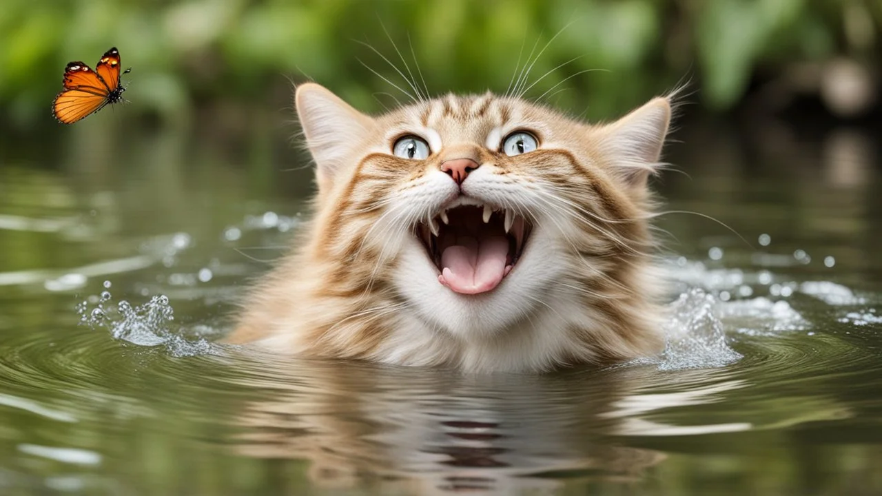 laughing cat in water with butterfly