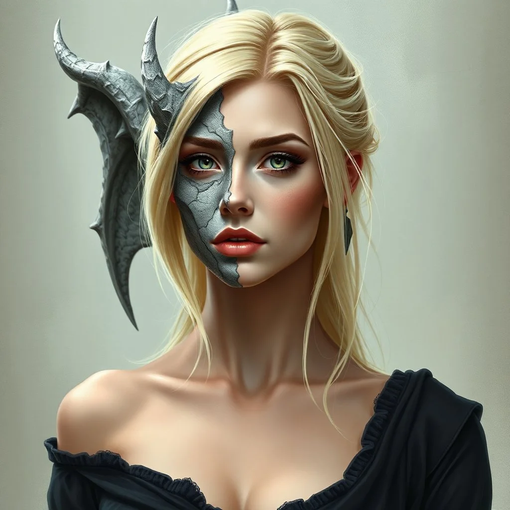 a portrait of an attractive blonde fantasy woman who is half human and half gargoyle, her face is partially made of stone