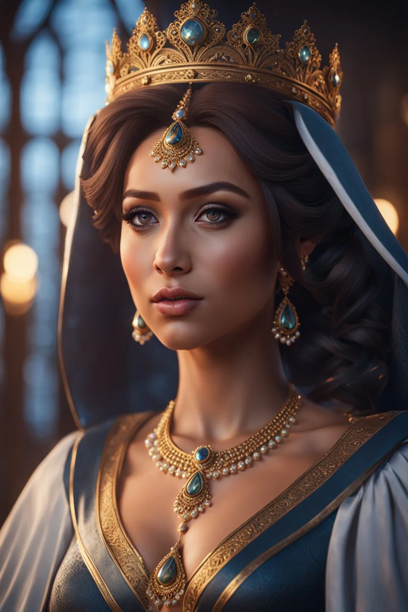 queen of the blessed, very curvy. Cinematic lighting, Volumetric lighting, Epic composition, Photorealism, Bokeh blur, Very high detail, Sony Alpha α7, ISO1900, Character design, Unreal Engine, Octane render, HDR, Subsurface scattering