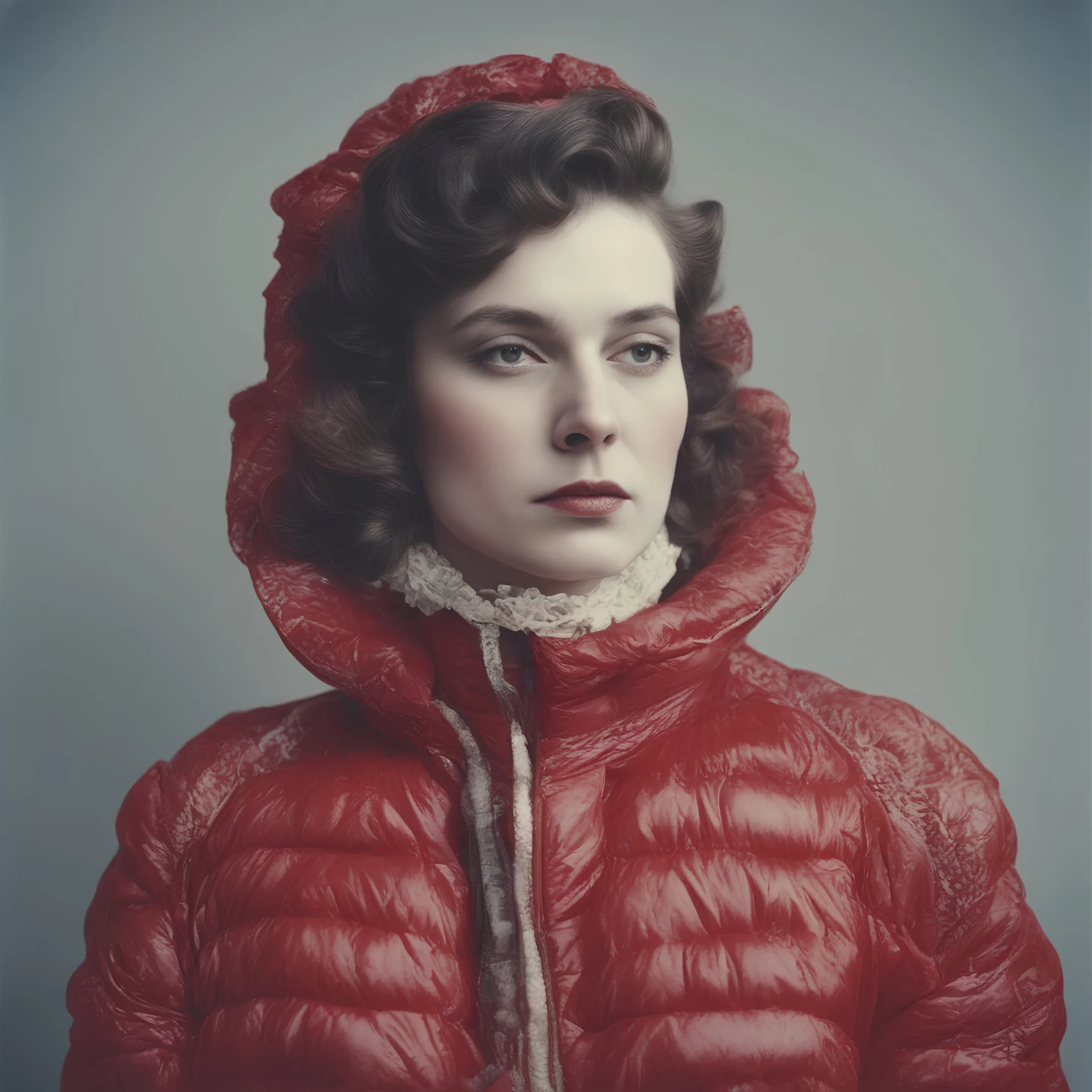 Countess di Castiglione,, red, autochrome, plastic puffy jacket