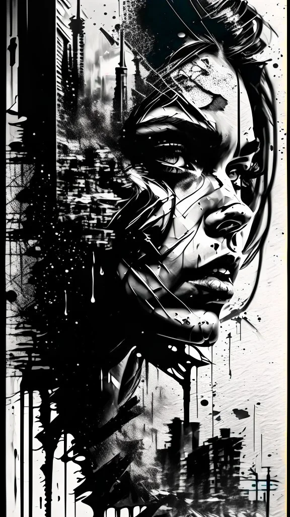 double exposure collage portrait of the craying woman, face of sadness, character design, shadows, building, noise, smog, surreal style, high detail, realistic photo, black pen and ink, intricate detailed black and silver line art, thick black ink on wet paper, dramatic mood, graffiti art, splash art, dark oil gouache melting, gloomy