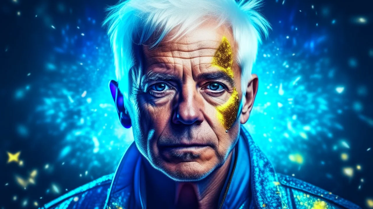 Old Punk 60 years old, portrait, white hair, blue background, gold and silver fragments and particles, glow, glare, old torn cracked canvas, mystical, fine rendering, high detail, sharp focus, 8K