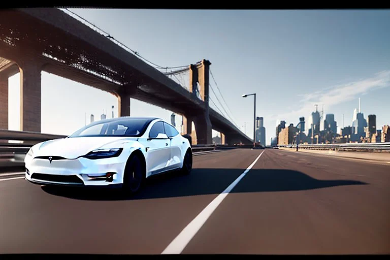 A Tesla 'Model 3' is going at a high speed, on the 'FDR Drive', eastern Manhattan. (CINEMATIC, WIDE ANGLE LENS, PHOTO REAL)