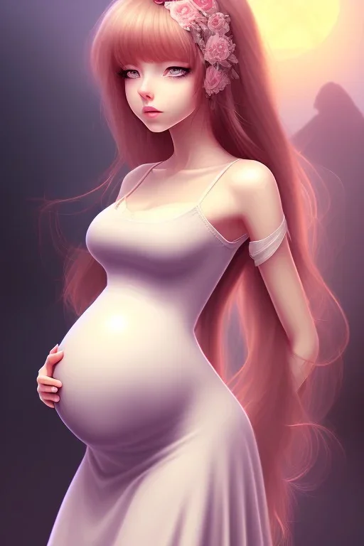 girl, cute, beautiful, pregnant, dress, long hair, brown hair, anime