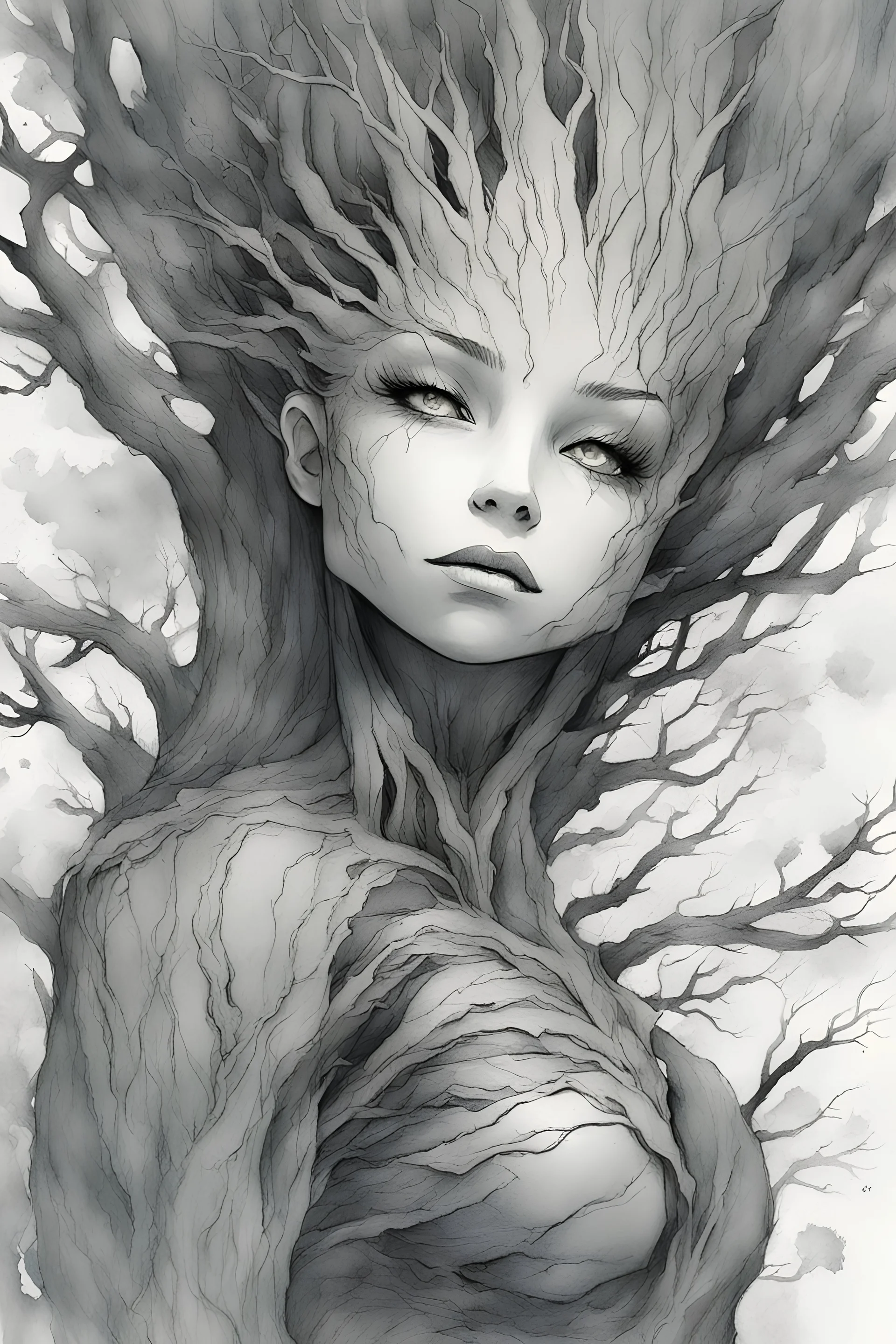 tree woman, groot, female, flowers for hair, glowing eyes, fissures in their flesh, from which faint light shines, create a warm glow, created in inkwash and watercolor, art style of Olivier Coipel, HACCAN, illustrator 由良 Yura, 山田章博 Yamada Akihiro, 四々九 Yoshiku, GANMO＃