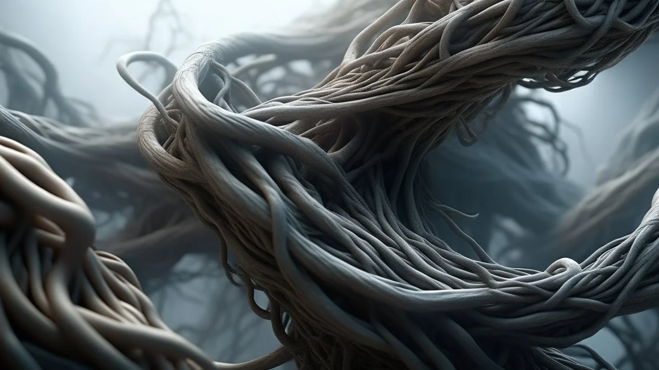 Multiple entanglements between a twisted thin piece of cloth as part of many twisted and spiraling branches disappearing into the distant mist, epic photo, sharp on highly detailed skin with wrinkles and high contrast, photorealistic, 4K, 3D, realism, hyperrealism, detail, good lighting, detailed texture, modern photography style, 3D, 4D, 4K --2:3