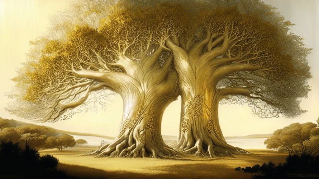 Valinor, tolkien, two giant trees, one giant golden tree, one giant silver tree,