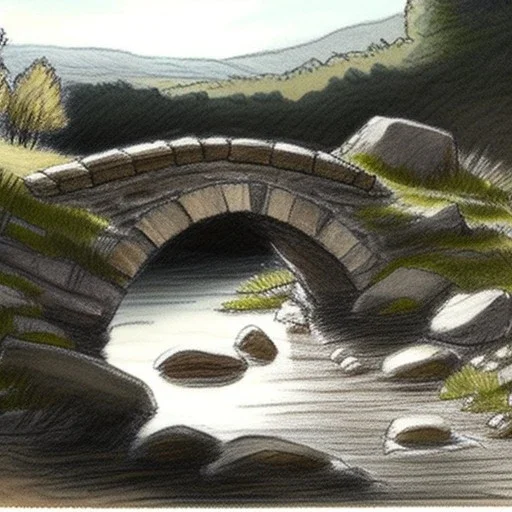 a landscape painter artist draws a sketch at a little stone bridge, brook, highly detailed, smooth colours