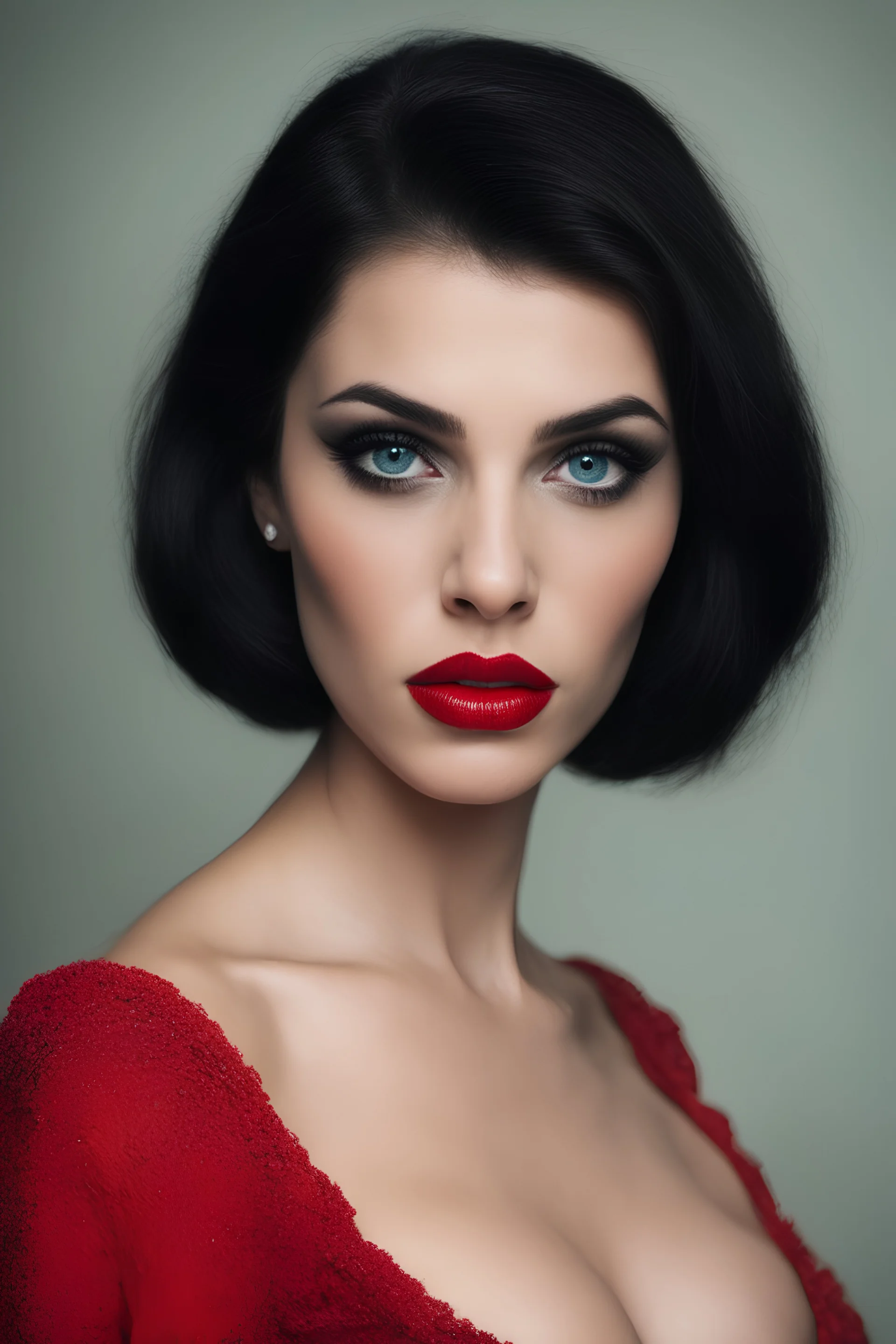 an extremely ugly abomination of a girl with great big pouty lips:1.5 and a humongous nose:1.5, wide set slanted soft blue eyes, extremely pointed chin, black hair, Annabella Lugosi, medium long shot, wide angle shot, full body image, head to toe, red lipstick